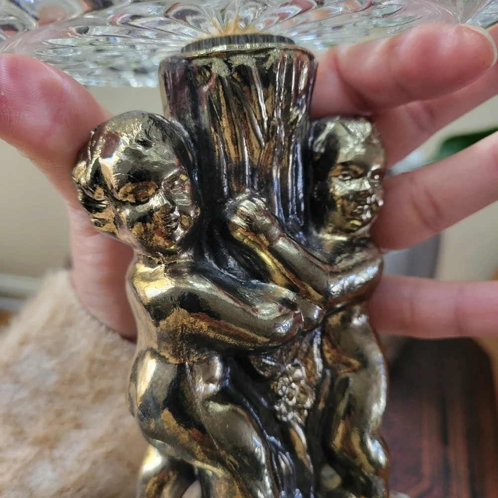 FRENCH ROCOCO PEDESTAL COMPOTE Hollywood Regency Glass Centerpiece with Cherubs